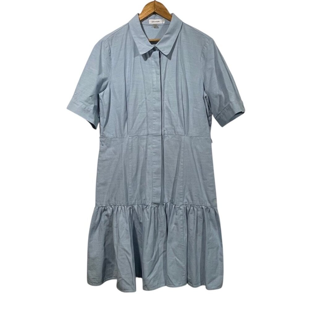 Calvin Klein Womens Tiered Shirt Dress Hidden Button Up Light Blue Sz 14 Pockets